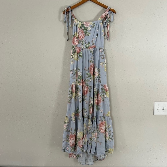 Yumi Kim Tinley Dress Blue Pink Floral Tie Strap Ruffle Midi Dress 10 Wedding - Picture 2 of 13